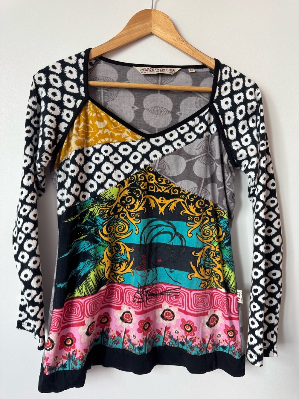 Savage Culture Mixed Print Patchwork Long Sleeve Top - Size M